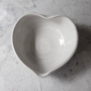 Heart shaped white glazed handmade clay pottery bowl signed 5.5 inches